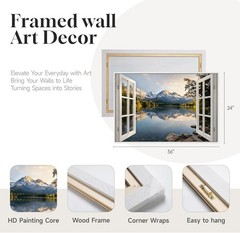Framed Nature Window Landscape Wall Art, Horizontal Mountain Lake Canvas Artw…