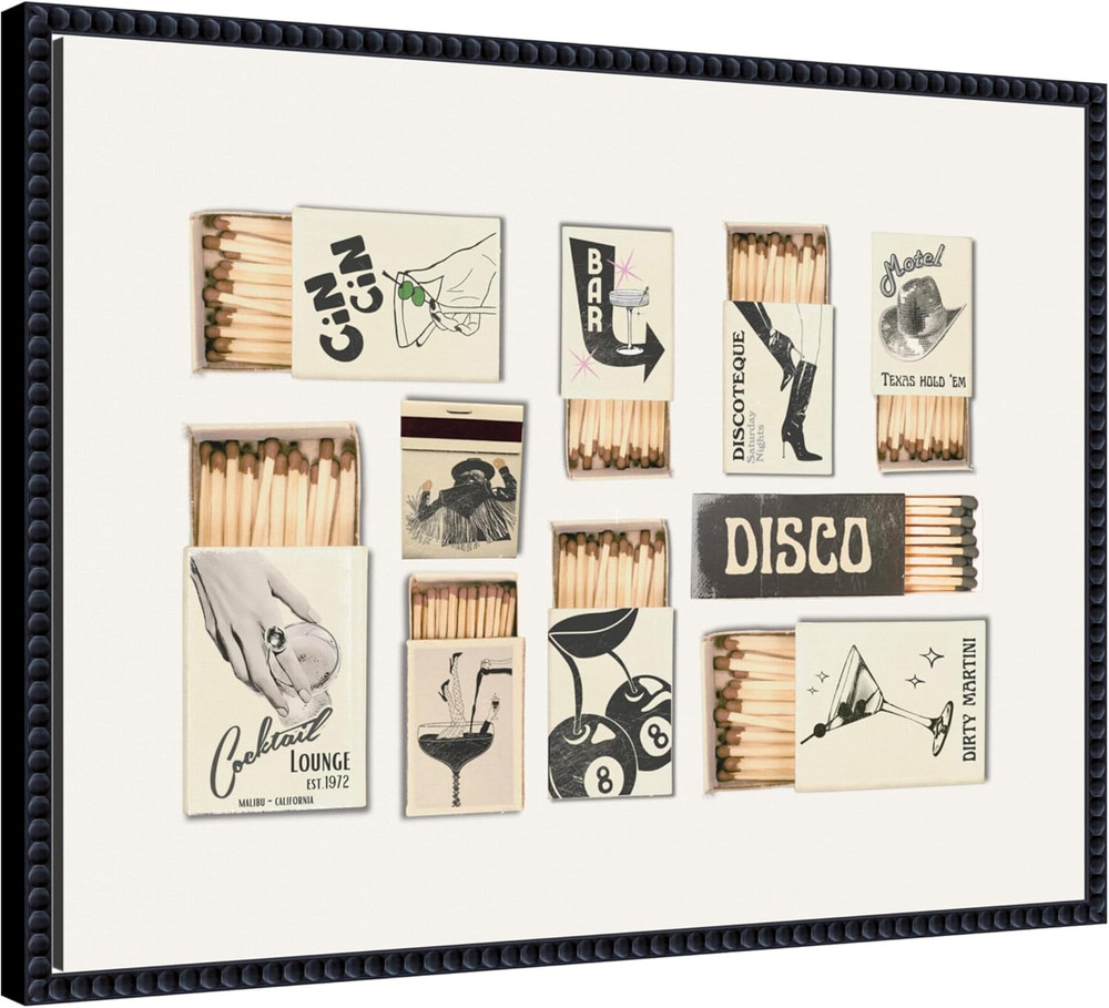Vintage Matchbox Canvas Art in Beaded Black Frame – 24×18 Wall Decor
