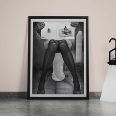 Woman Reading in Toilet Funny Feminist Poster Black and White Bathroom Wall Art