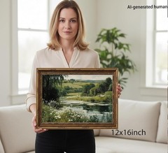 Vintage Gold Framed River Wall Art Green Nature Landscape Canvas Prints Rusti…
