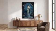 Art Deco Woman Poster Light Blue Gold Full Moon 1920s Goddess Wall Art Print
