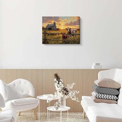 Rustic Farm Landscape Wall Art, Barn Cows Sunset Scene Canvas Print, Vintage …