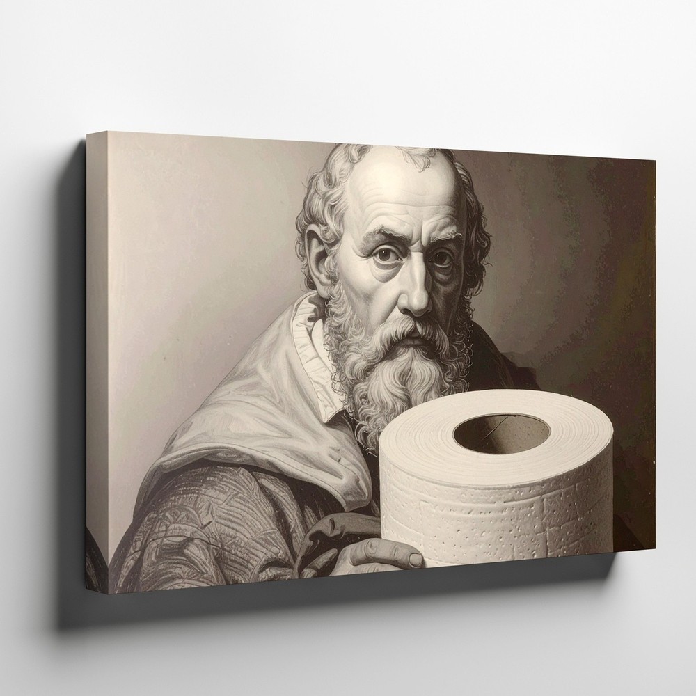 Wall Art Canvas a Black and White Sketch of Leonardo Da Vinci Holding a Roll