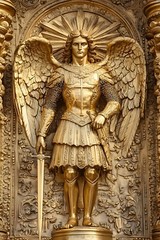 Archangel Michael Gold Angel Statue Wall Art Print on Framed Canvas