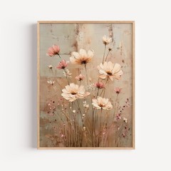 Pink Cosmos Wildflower Art, Soft Floral Oil Painting Canvas Print, Botanical