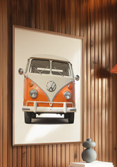 Vintage VW Bus Poster, Orange and White Retro Wall Art, Hippie Bus Decor retro