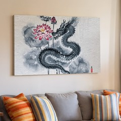 Wall Art Majestic Dragon Entwined Around A Blooming Lotus, Rendered In Fluid