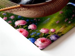 Wall Art Black White Cat in Hammock Pink Roses Garden Floral Canvas Print Decor
