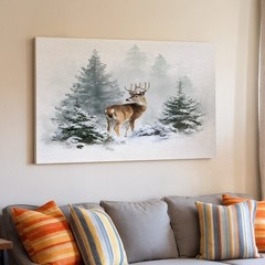 Winter Deer Canvas Art Wildlife Painting Snowy Pine Trees Nature Woodland Print