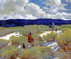 RIDERS AT SUNSET INDIAN AMERICAN WEST PAINTING BY ERNEST MARTIN HENNINGS REPRO