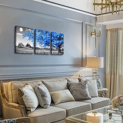 Wall Art For Living Room black and white Blue tree moon Canvas Wall Decor for Ho