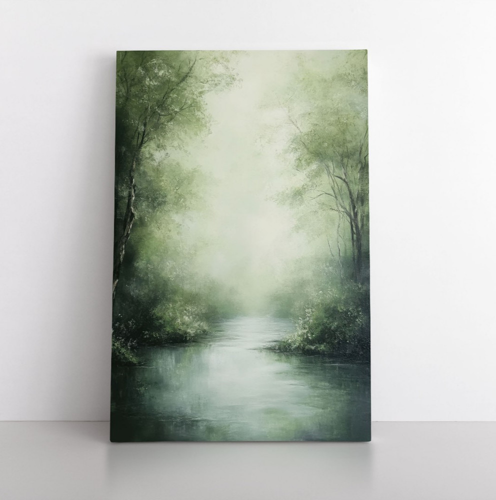 Misty Forest River Abstract Green Painting Print on Framed Canvas Wall Art Decor
