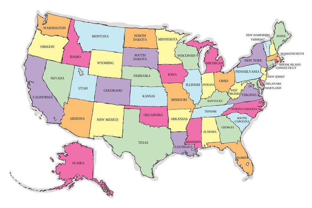 Colorful Sketch Map of United States USA Reference Art Print Poster 36×24