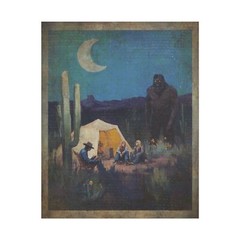 Bigfoot Camping Western Wall Art, Retro Sasquatch Celestial Moon Cactus Decor