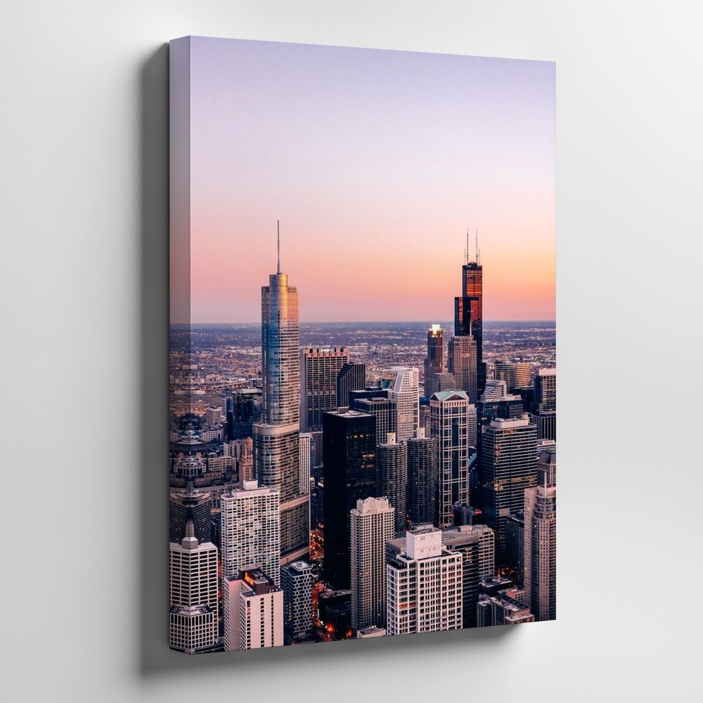 Chicago City Skyline Sunset Canvas Wall Art Urban Landscape Wall Decor Print