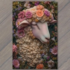 Art Print Lamb Sheep Wool Beautiful Colorful Flowers Knitted Cute Cozy Beautiful