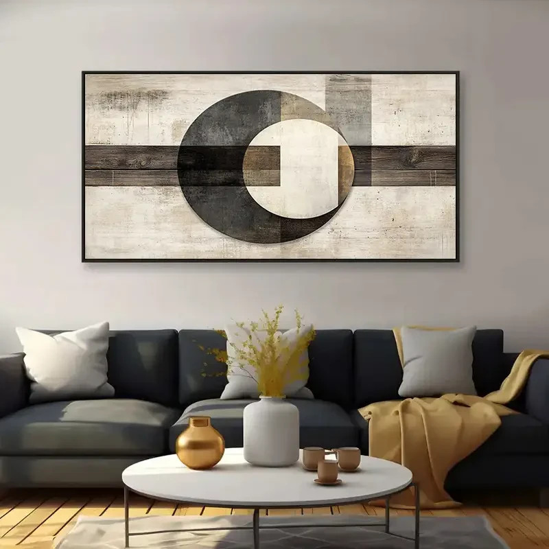 Geometric Design,Black,White,Beige & Brown Unframed Canvas Painting for Living