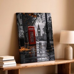 London Street Red Telephone Booth Clock Tower Rainy City Wall Art Poster Print