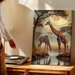 Wall Art Giraffe Pair Moonlit Safari Landscape Canvas Print Wildlife Home Decor