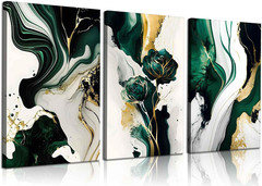 Emerald Green & Gold Abstract Marble Wall Art – 3 Piece Set for Home Decor