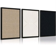 Boho Abstract Wall Art Set of 3 Framed Canvas Prints Beige Brown Black 16×24