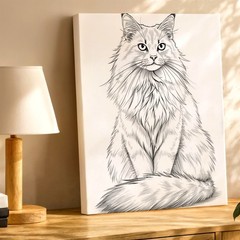 Wall Art Long Haired Cat Sketch Print Black White Feline Line Drawing Decor