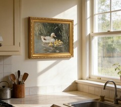 Vintage Gold Framed Duck Family Canvas Wall Art, Countryside Ducks in River P…