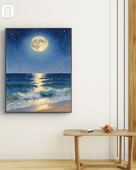 Moonlight Ocean Canvas Wall Art Night Sea Waves Painting Coastal Decor