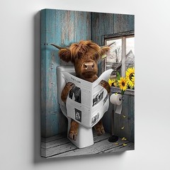 Rustic Highland Cow Reading Newspaper Canvas Wall Art Farmhouse Decor Print