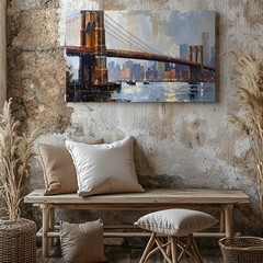 Brooklyn Bridge Twilight Canvas Textured Cityscape With Reflections Wall Art