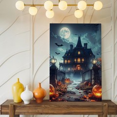 Wall Art Haunted Mansion Halloween Canvas Gothic House Under Moonlight