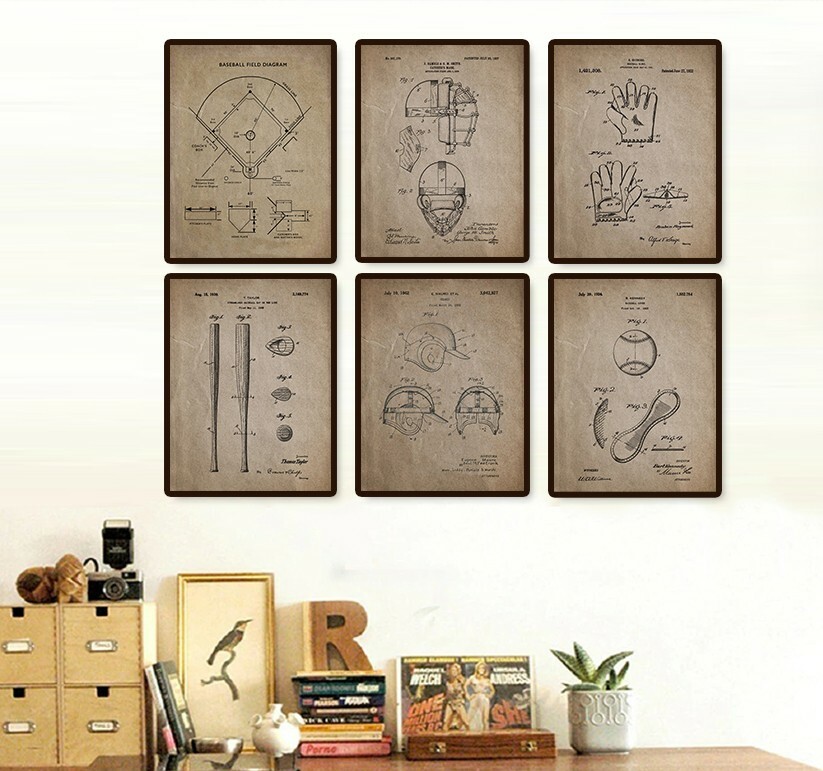 Vintage Patent Art Prints Industrial Wall Decor Baseball Set of 6 Prints 8.5×11