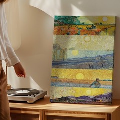Set Of 5 Vintage Canvas Wall Art Farm Landscape Scenes With Sun And Figures