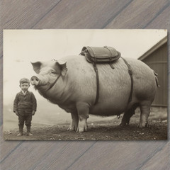 Art Print Saddled Pig Boy Farmyard Retro Look Photo Black White Whimsical Charm