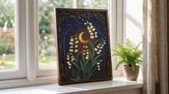 Lily of the Valley Poster Celestial Gold Moon Star Floral Vintage Art Print Dark