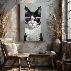 Pink Glasses Cat Canvas Minimalist Black & White Feline With Retro Charm Some