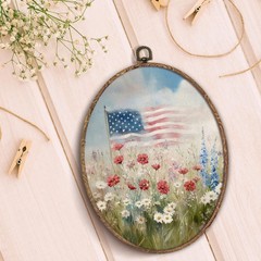 Americana Decor, Vintage Wildflower Patriotic Flag Oval Wall Art Framed, Vint…