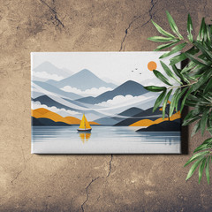 Misty mountain sailboat Art Print with calm flowing landscape and golden light