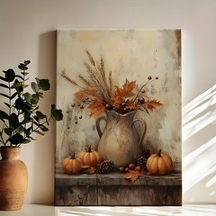 Framed Canvas Vintage Fall Pumpkin Wheat Maple Leaf Pitcher Still Life Wall Art