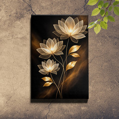 Luminous Golden Floral Wireframe Abstract Wall Art Print Dark Background