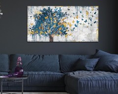 Large Canvas Wall Art Blue Tree Golden Butterflies Picture Abstract Grey Graf…