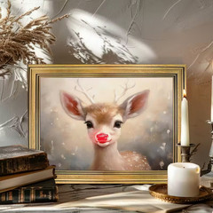 Vintage Golden Frameless Canvas Painting: Adorable Reindeer with Red Nose
