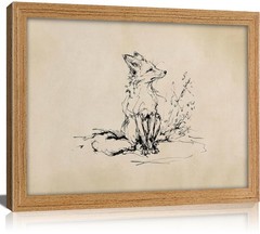 Vintage Solid Wood Framed Fox Sketch Wall Art, Neutral Fox Line Drawing Canva…