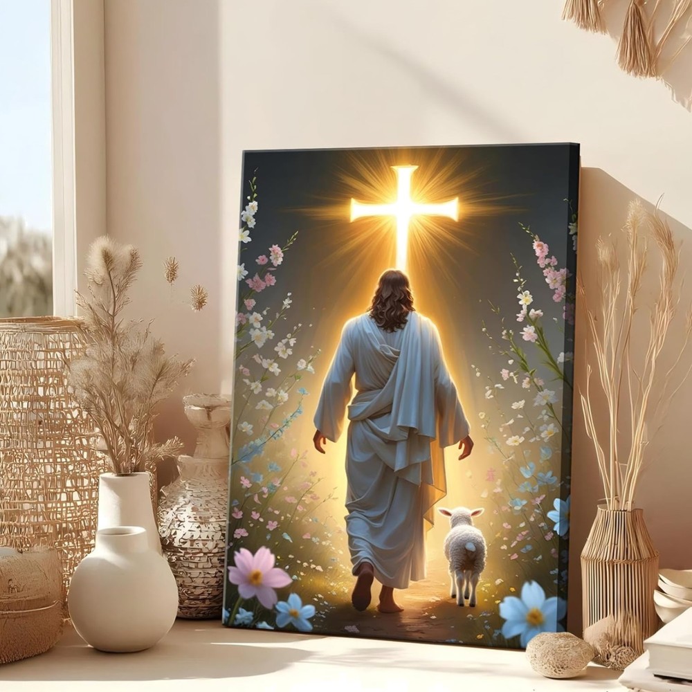 Inspirational 12x16in Jesus Walking Toward Light Canvas Art for Home or Church