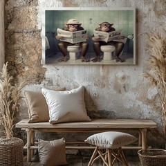 Funny Monkeys Sitting on Toilet Reading Newspaper Bathroom Canvas Wall Art Print