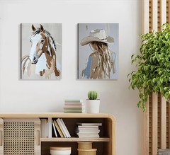 2pcs Framed Western Cowboy Girl Wall Art Oil painting style Cowboy Girl and H…