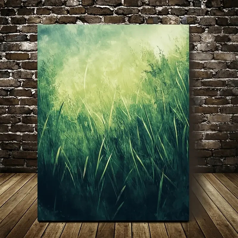 Emerald Green Mint Grass Meadow Painting Metal Print Ready to Hang