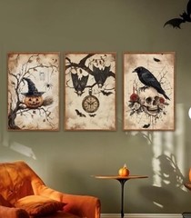 Halloween Spooky Gothic Framed Prints 16×24 3pc Bats Pumpkin Raven Skull