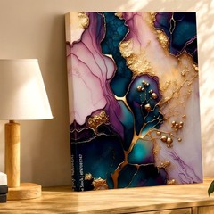 Wall Art Abstract Alcohol Ink Gold Foil Purple Teal Marble Canvas Print Decor