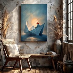 Wall Art Origami Paper Boat Sunset Ocean Surreal Figure Minimalist Print Decor